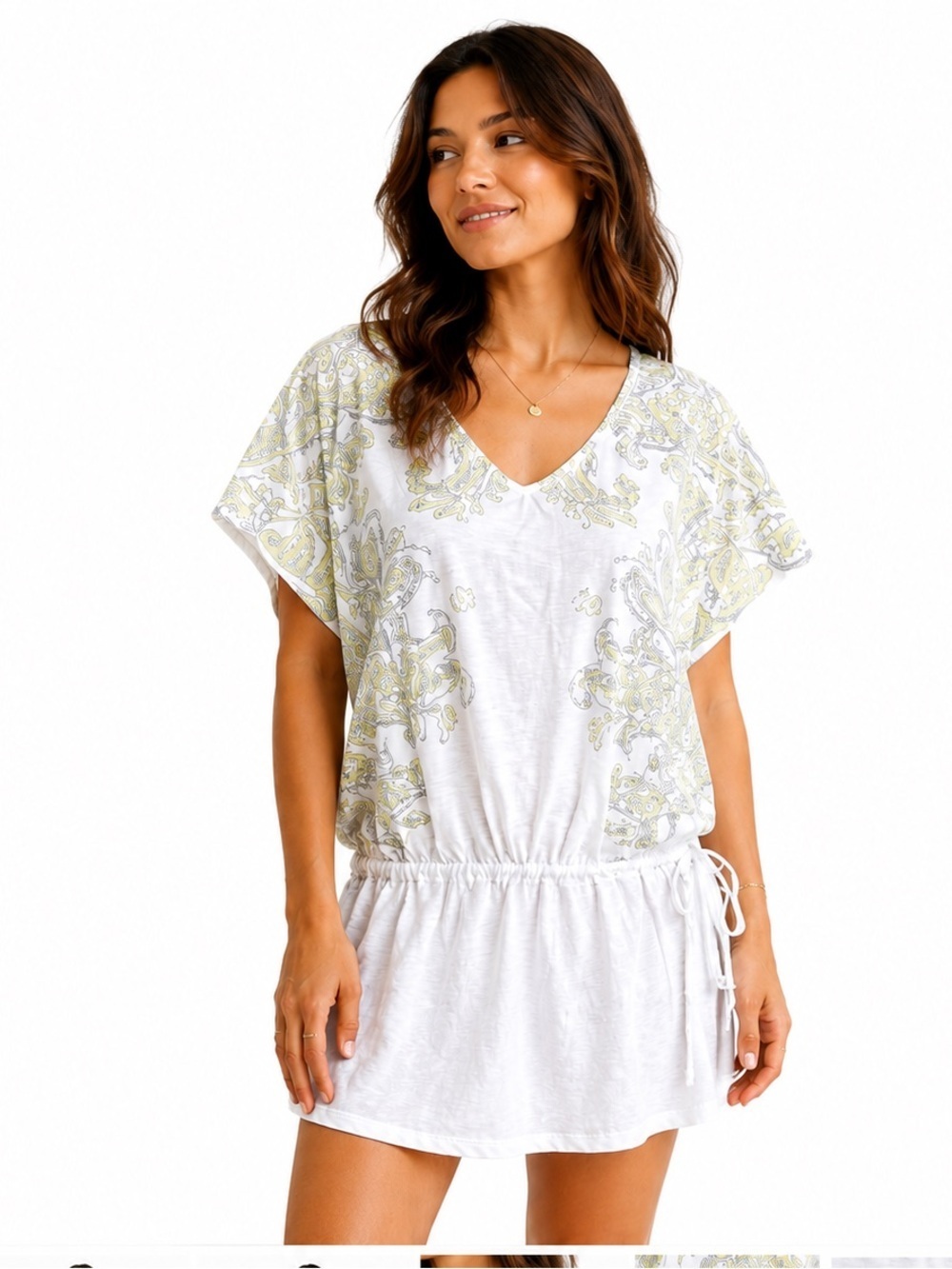 PrAna White Paisley Organic Cotton Drawstring Tunic Dress | XL | Boho Beach